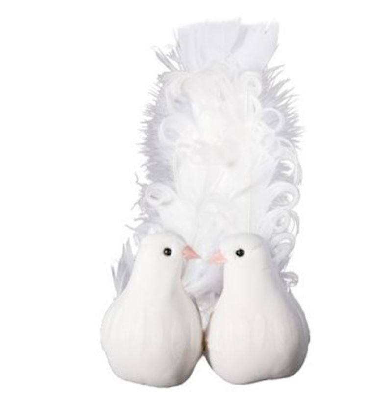 Taubenpaar mit Klammer und Federn weiss 16 cm