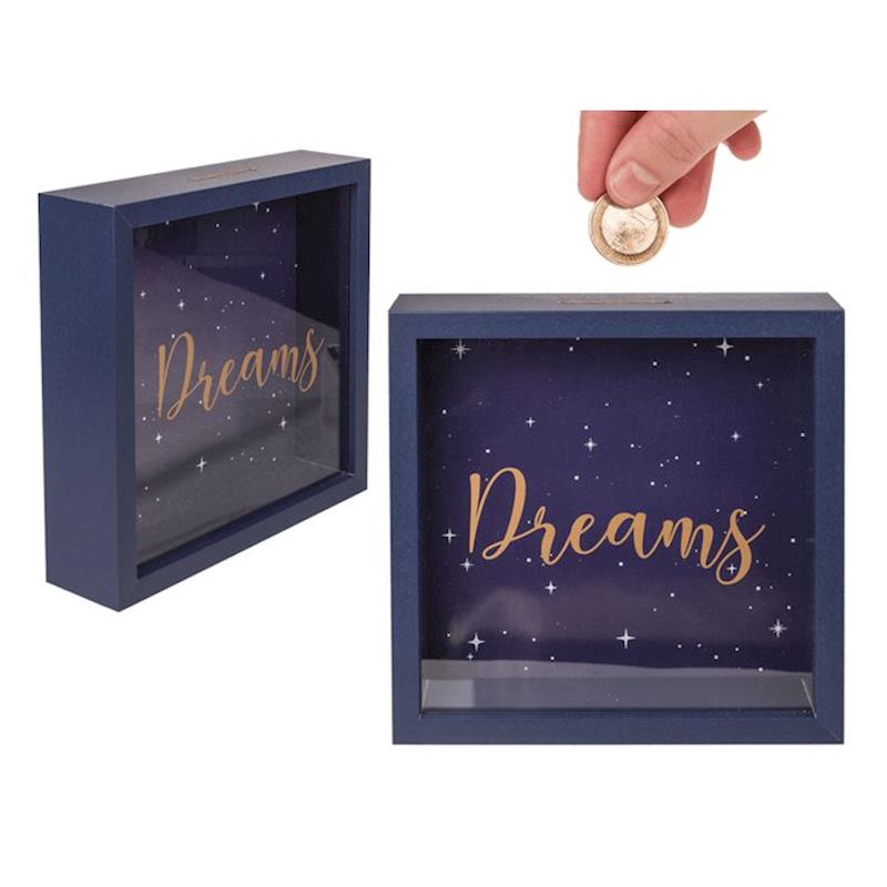 Holz Spardose mit Glas Dreams 20x20 cm dunkelblau
