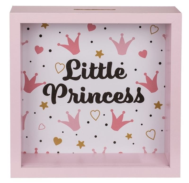 Holz Spardose Little Princess im Rahmen mit Glas 20x20 cm