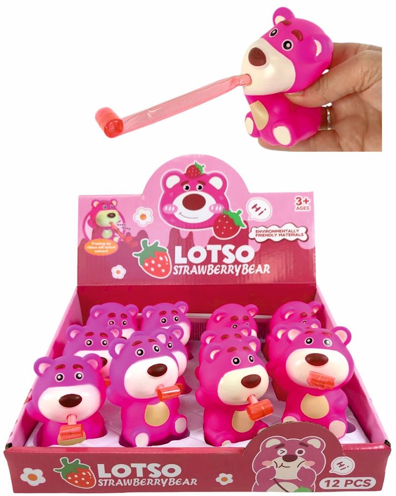 Quetsch Erdbeer Bär pink mit Zunge 8 cm 2 sort.