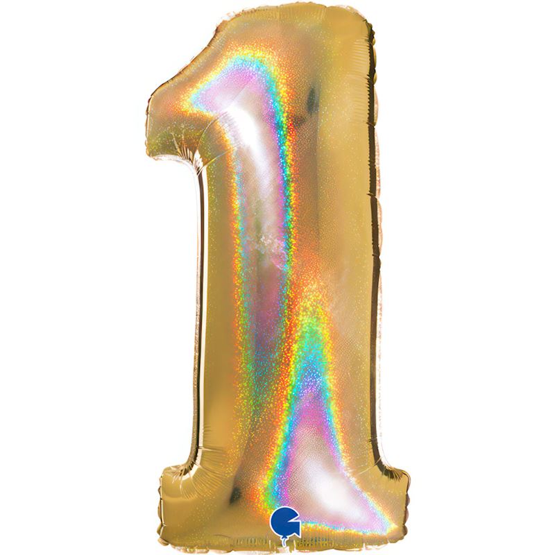 Folienballon Zahl 1 Gold, 102 cm, im Beutel, holographisch