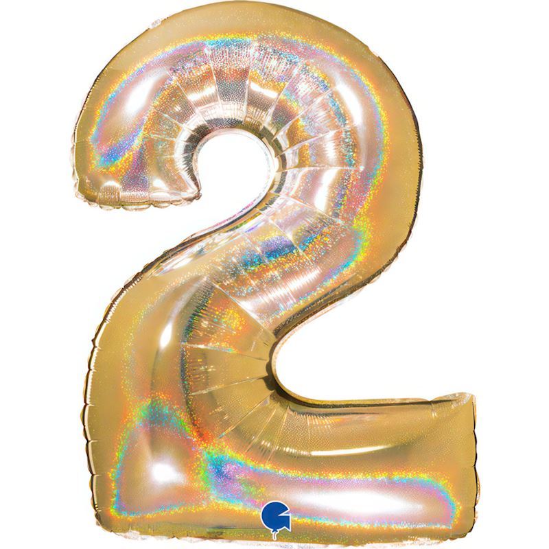 Folienballon Zahl 2 Gold, 102 cm, im Beutel, holographisch