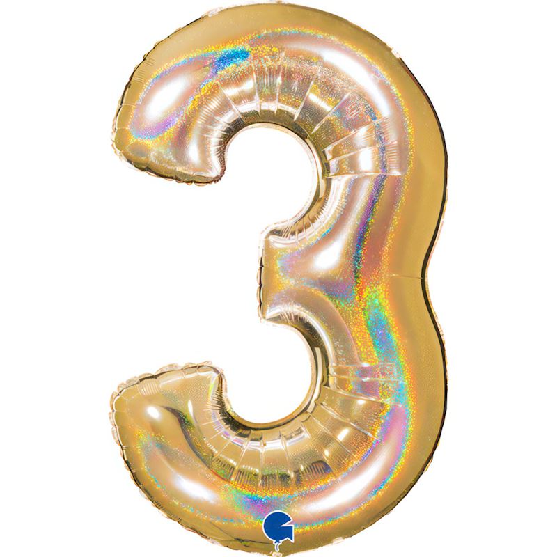 Folienballon Zahl 3 Gold, 102 cm, im Beutel, holographisch