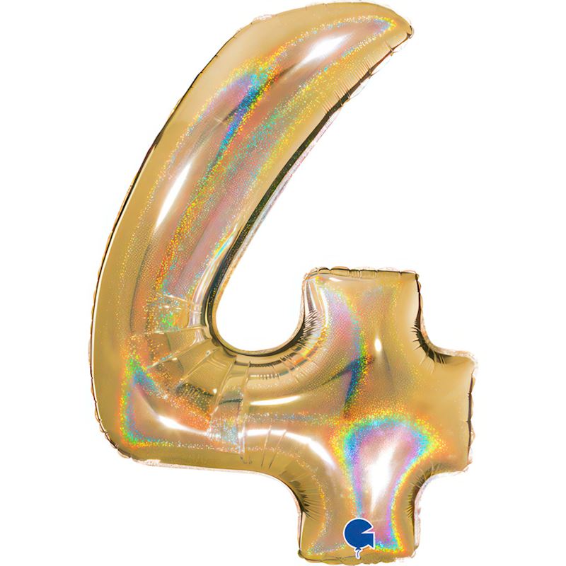 Folienballon Zahl 4 Gold, 102 cm, im Beutel, holographisch