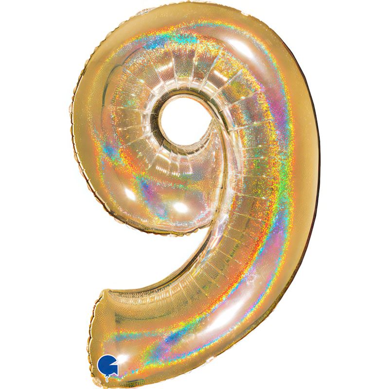 Folienballon Zahl 9 Gold, 102 cm, im Beutel, holographisch