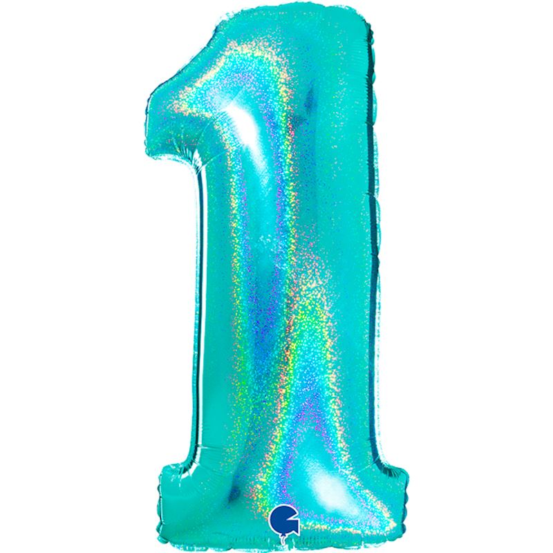 Ballon alum. Glitter Numéro 1 turquoise, 102 cm en sachet