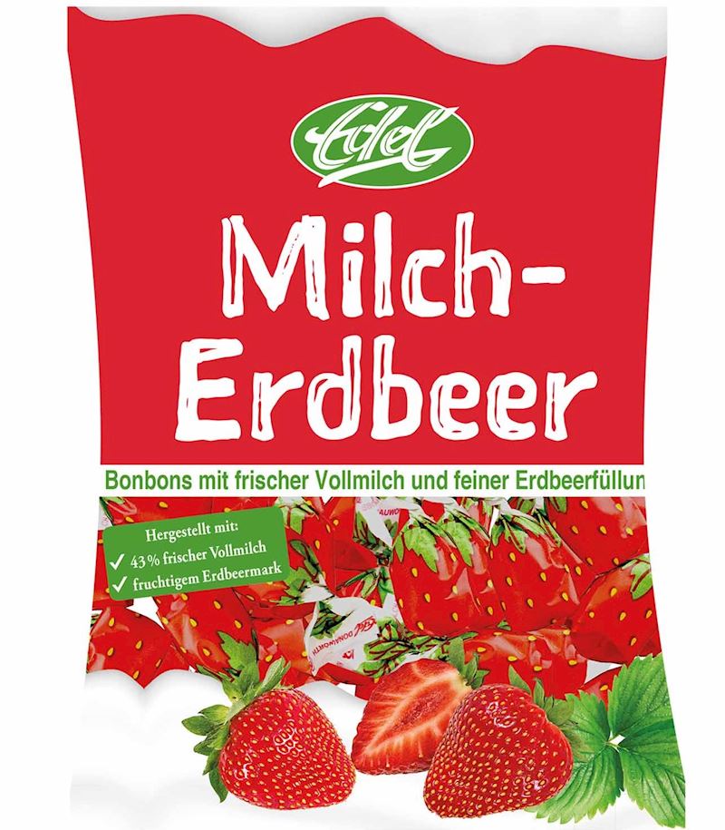 Edel Milch-Erdbeere Bonbons im Flachbeutel 120 g