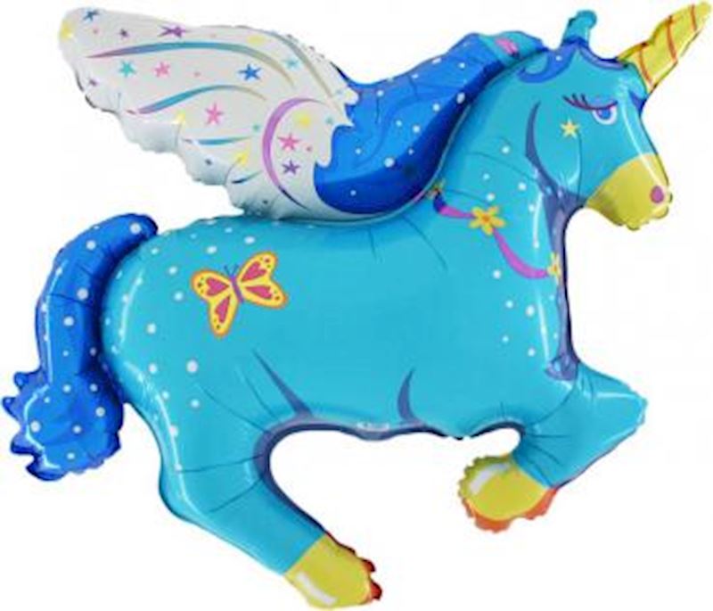 Folienballon offen Einhorn mit Flügel 90 cm blau