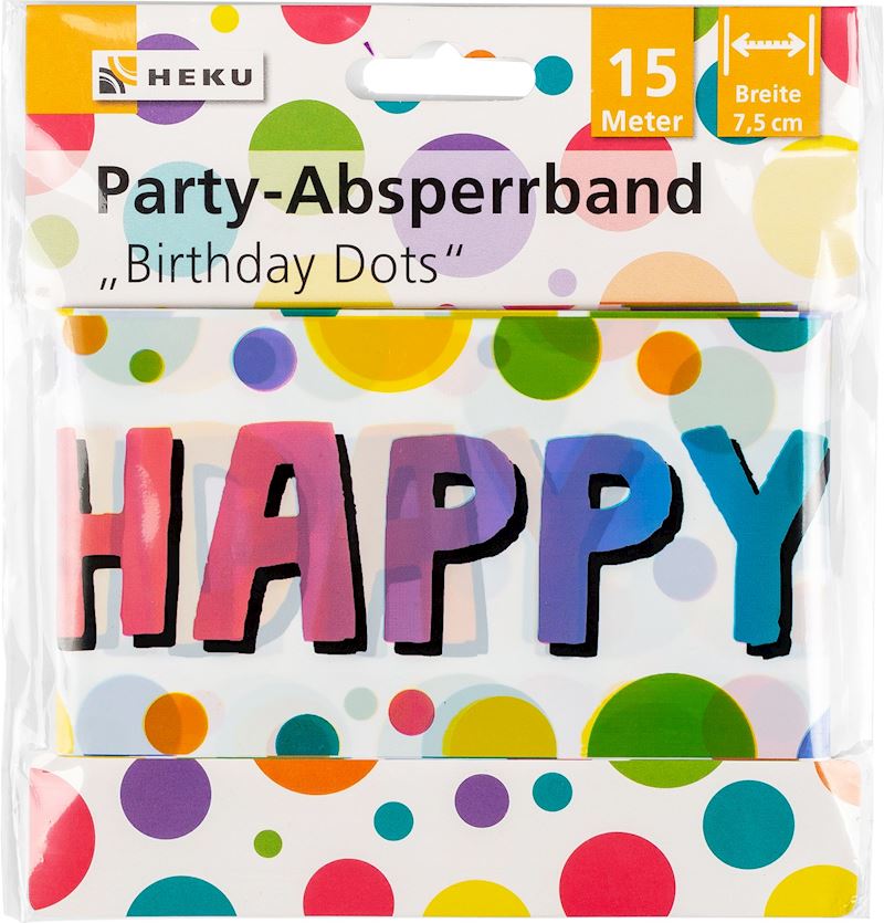 Party-Absperrband 15 m, 7.5 cm Happy Birthday Dots