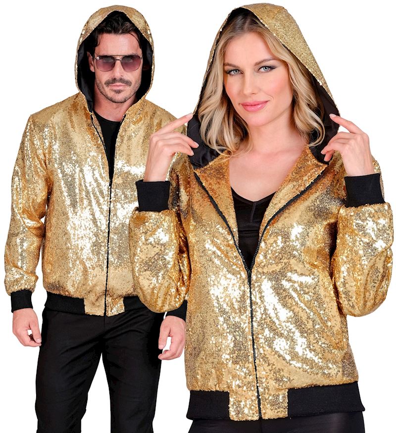 Bomber-Jacke mit Kapuze & Pailletten gold Grösse S/M