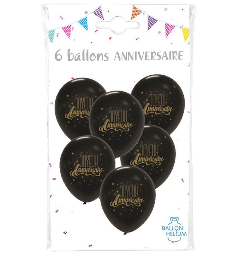 Gummiballone schwarz, 30 cm Joyeux Anniversaire, 6 Stk.