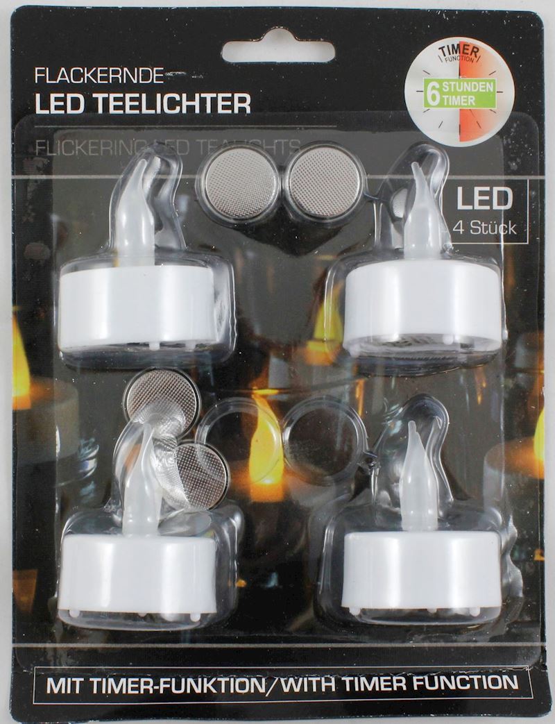 LED Teelicht 4er Set mit Timer 6 Std. warmweiss flackernd