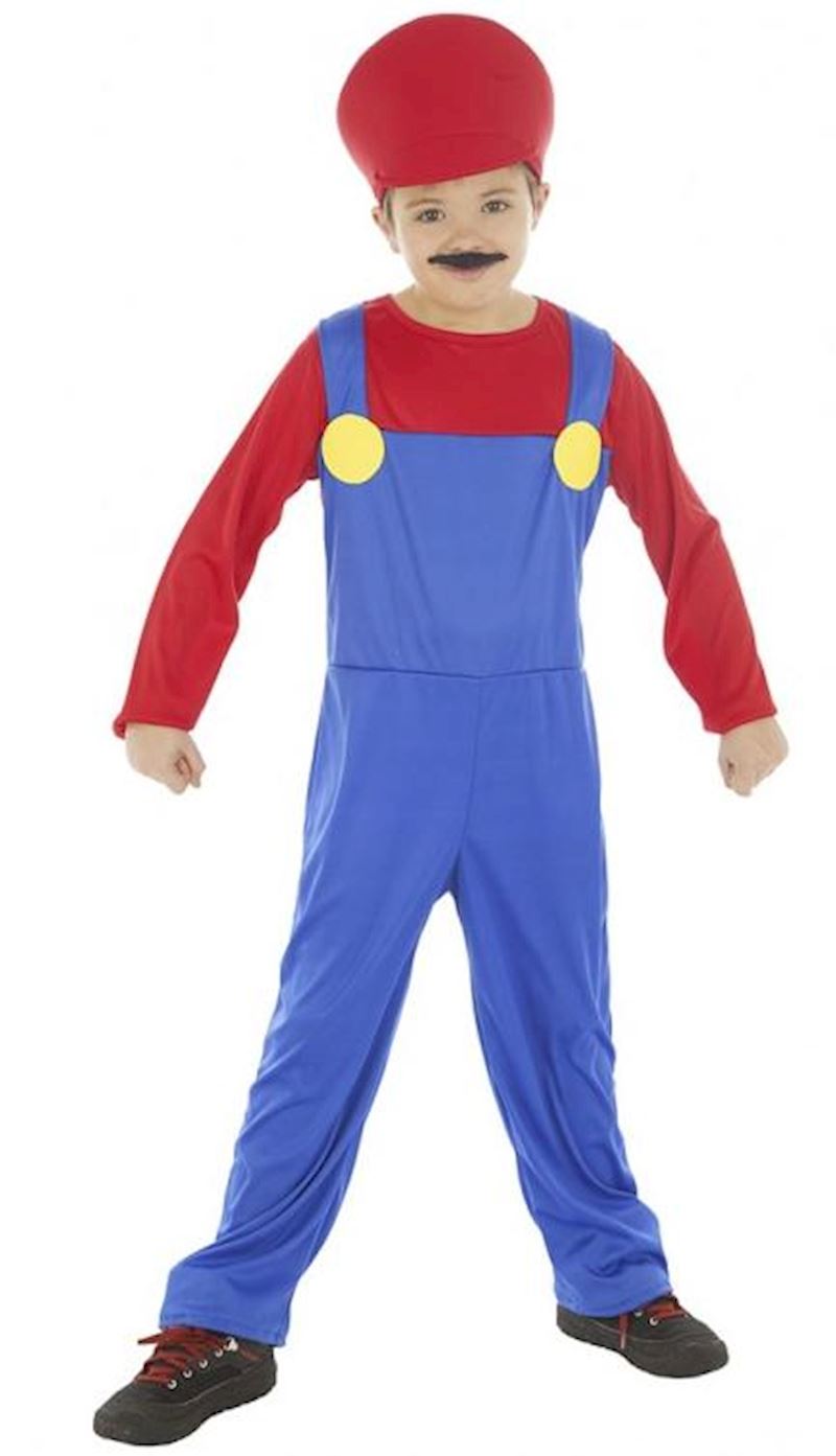 Kostüm Klempner Grösse 140 cm rot/blau Hose, Shirt, Mütze