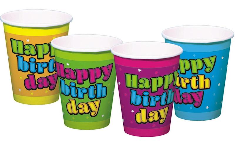 Einwegbecher Happy Birthday 250ml, Pappe 8 Stk. bunt sort.