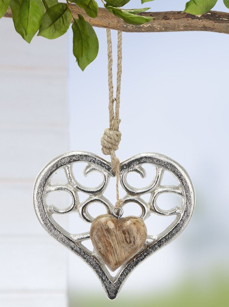 Herz aus Metall mit Holz Herz silberfarben 16.5 cm x 16 cm