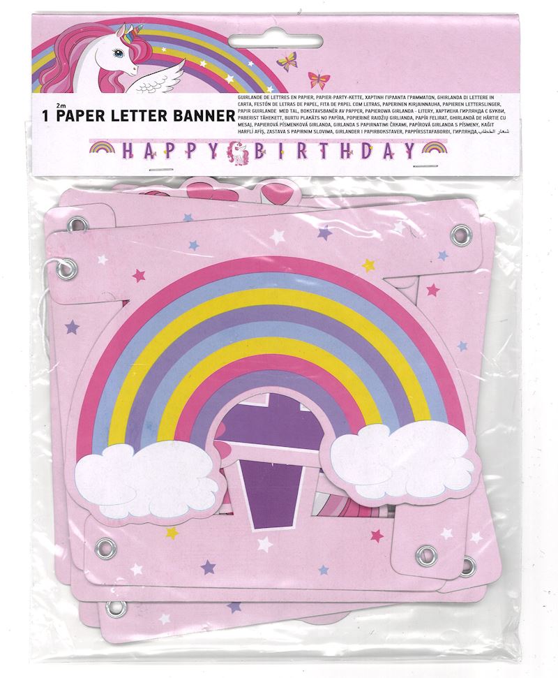 Girlande Happy Birthday 2 m Einhorn, aus Karton