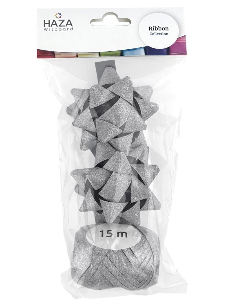 Polyband Geschenk Set, glitzer silber, 2 Schleifen, 1 Rolle