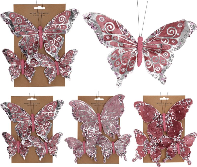Schmetterling mit Clip 3er Set rosa mit Pailetten 3xsort.