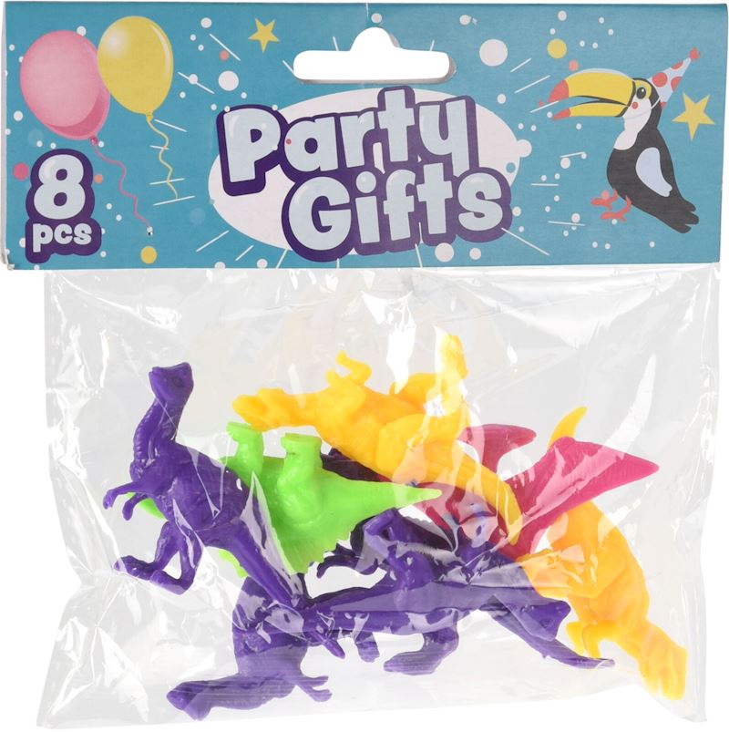 Party Beutel mit 8 kleinen Plastik Dino farblich sort.