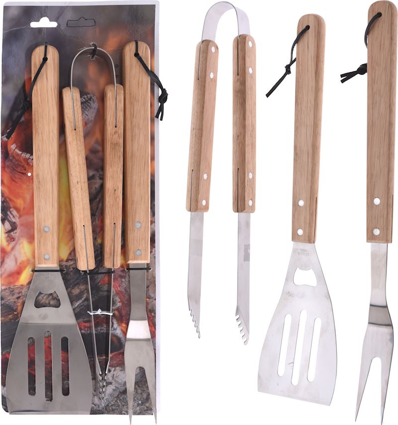 Grillbesteck 3er Set Griffe aus Holz