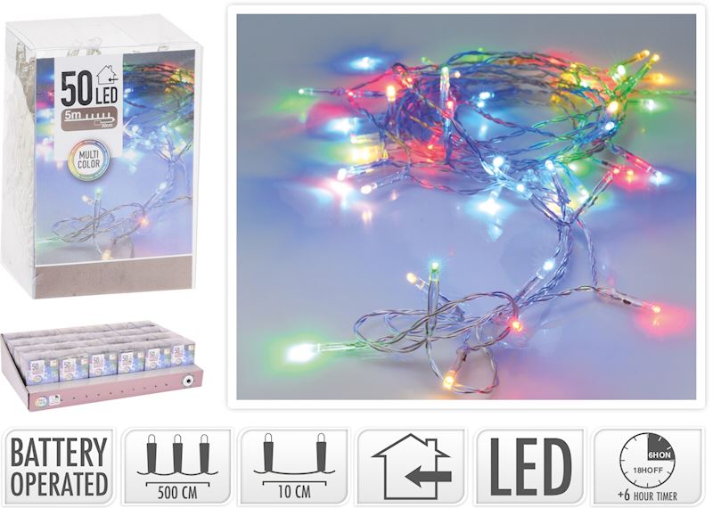 Lichterkette 50 LED multicolor 5m, mit Timern exkl. 3AA-Batt.