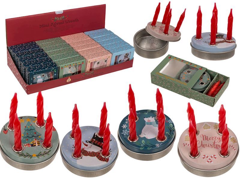 Mini Adventskranz, 4 Kerzen & Sockel, 4-fach sort. 4.5 cm