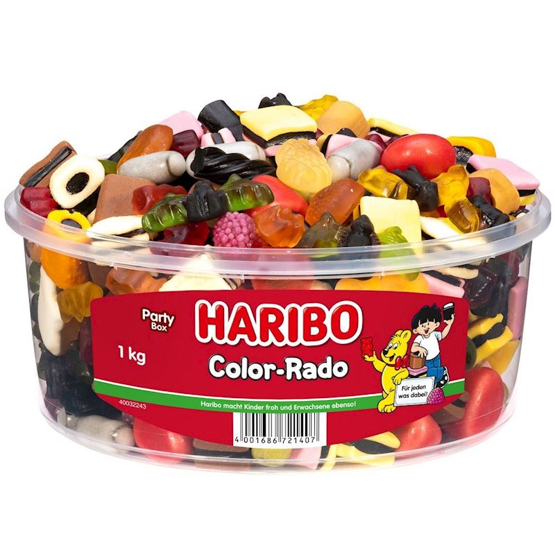 HARIBO Color Rado Partybox 1kg Gommes aux fruits, réglisse,