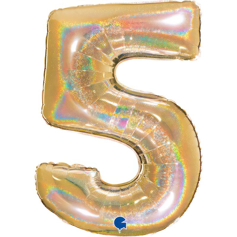 Ballon alum. Numéro 5 en or 102 cm, holographique