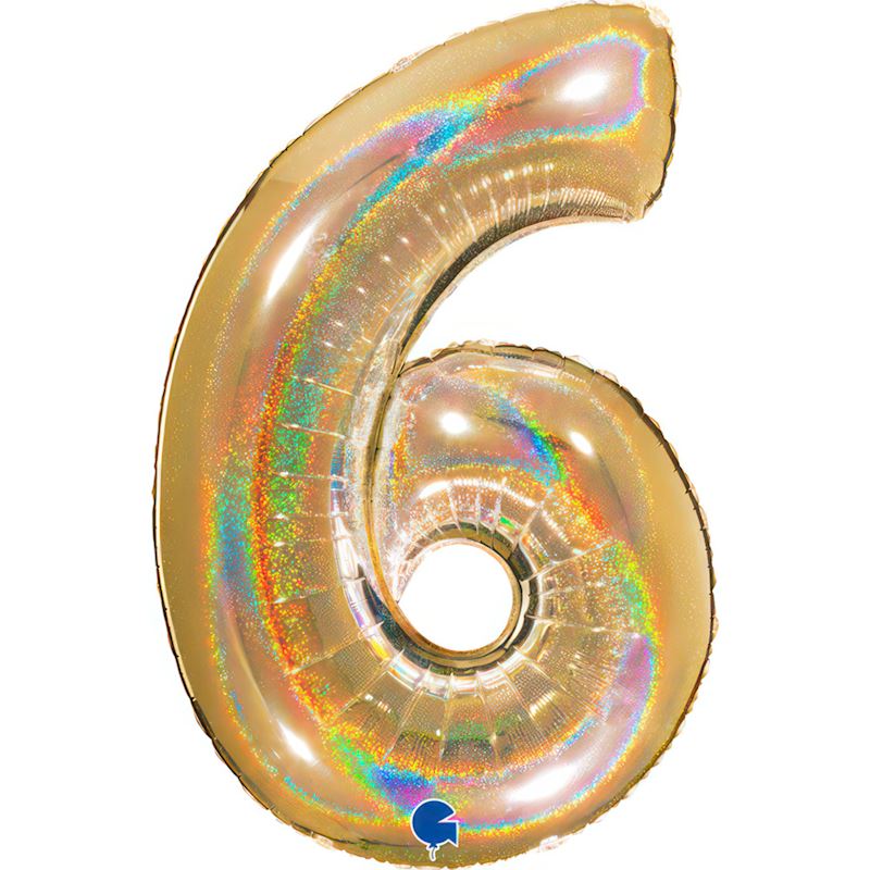 Ballon alum. Numéro 6 en or 102 cm, holographique