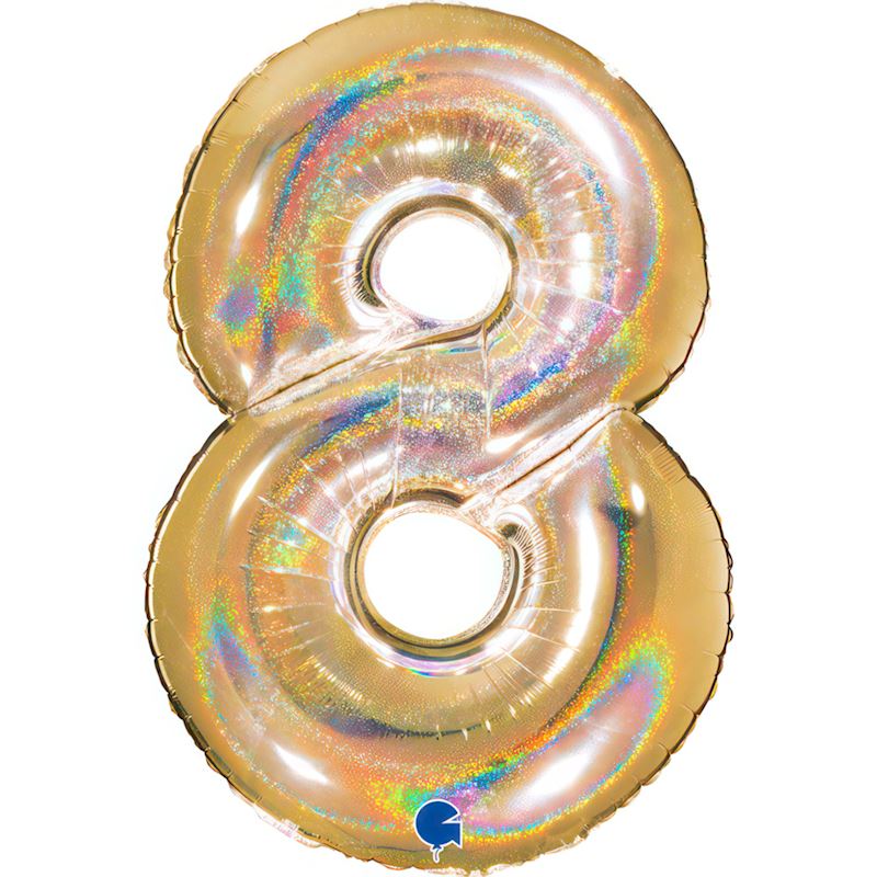 Ballon alum. Numéro 8 en or 102 cm, holographique