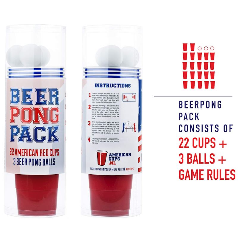 Bier Pong Spiel Set 473ml 22 Becher, 3 Bälle, Red Cups