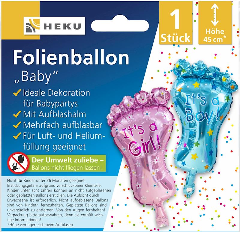 Folienballon Baby Fuss 45cm mit Aufblashalm rosa, blau
