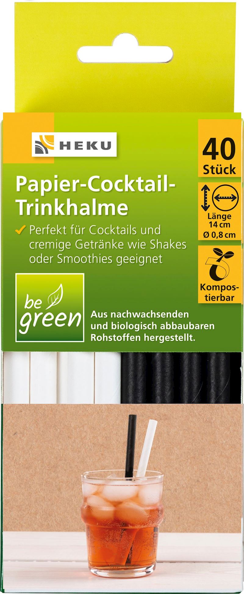 Trinkhalme 40 Stk. be green 14cm Papier schwarz/weiss