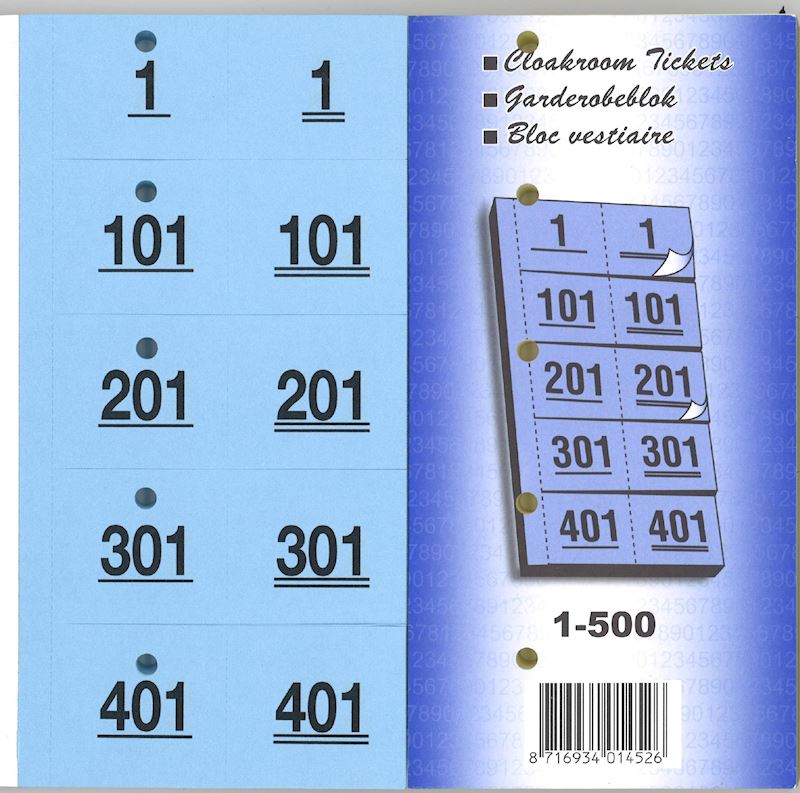 Ticket de vestiaire avec trou  1-500 bleu 98 x 38 mm