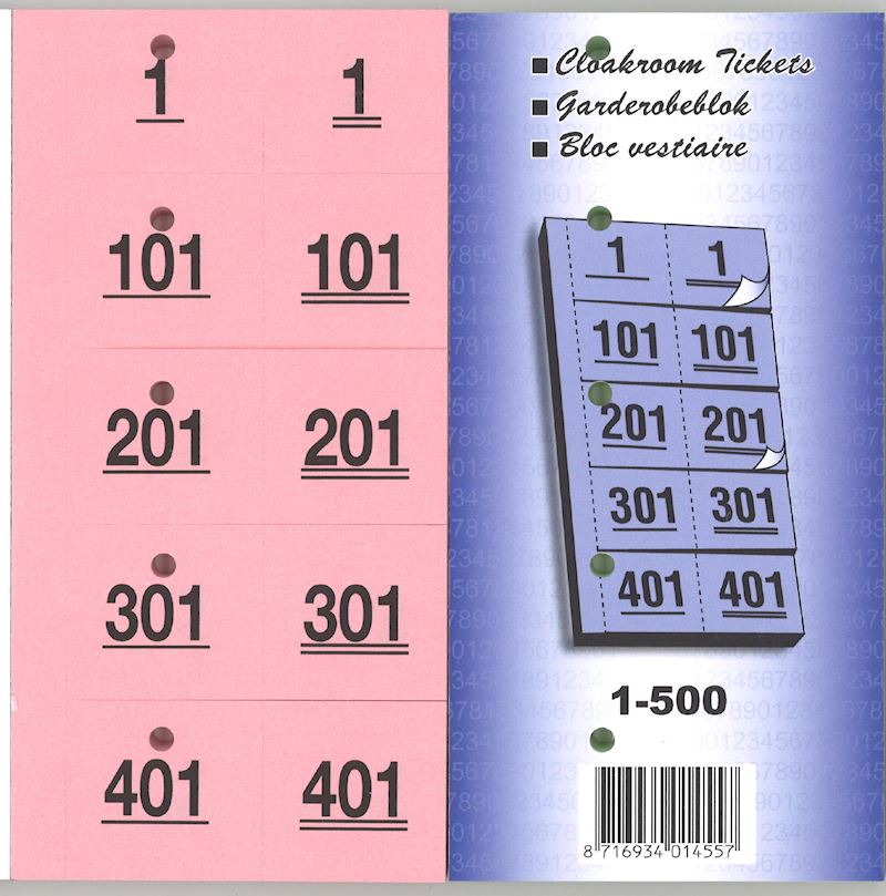Ticket de vestiaire avec trou  1-500 rose 98 x 38 mm