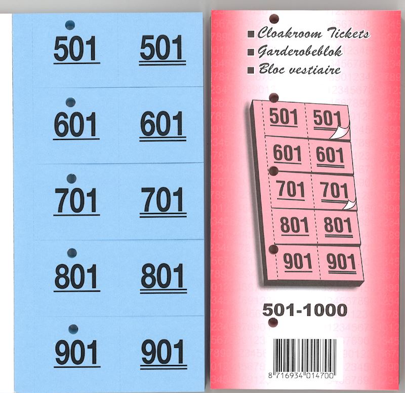 Ticket de vestiaire avec trou 501-1000 bleu 98 x 38 mm