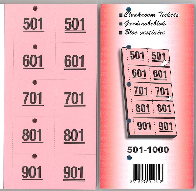 Ticket de vestiaire avec trou 501-1000 rose 98 x 38 mm
