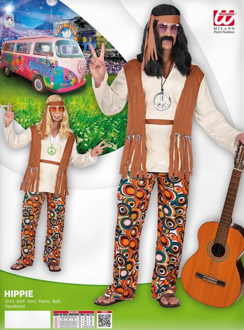 Kostüm Hippie Grösse XXL Hemd, Gilet, Gurt, Hose + Stirnband