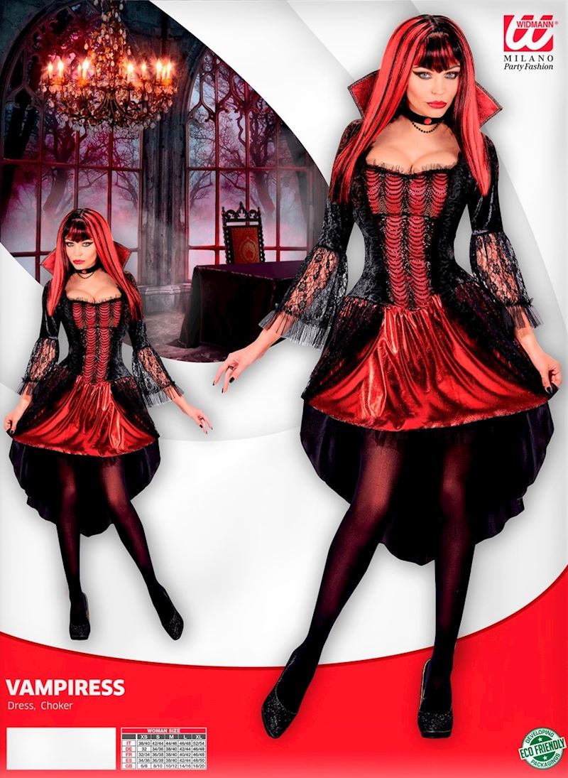 Kostüm Vampirin rot/schwarz Kleid & Halskette Grösse S