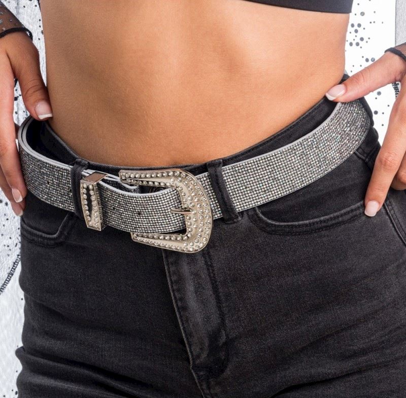 Ceinture noire boucle strass 120x3.8cm