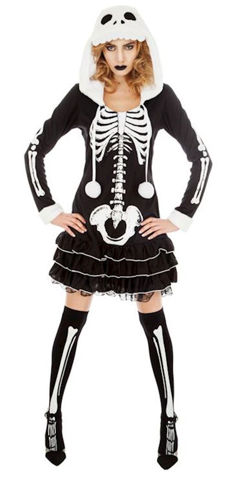 Kostüm Lady Skelett Grösse M mit Kapuze & Strümpfen
