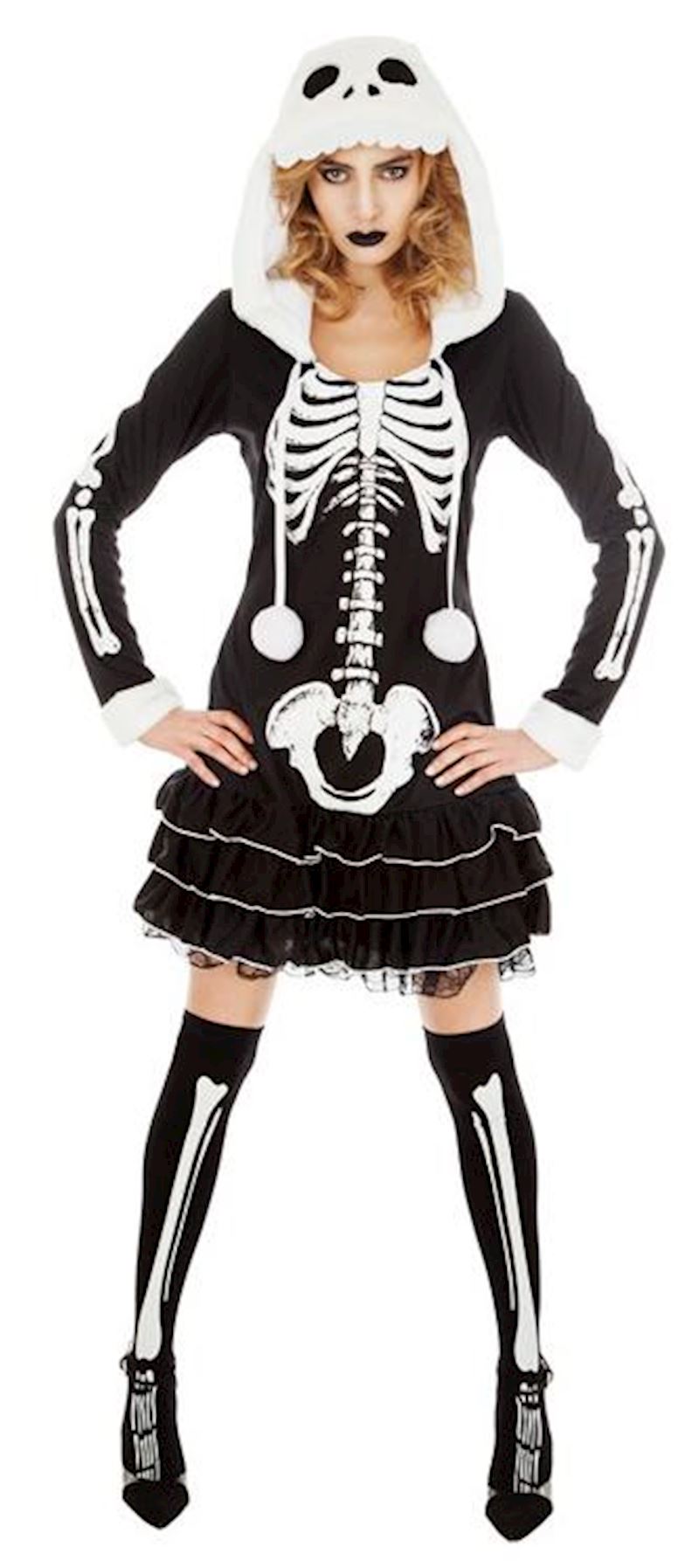 Kostüm Lady Skelett Grösse S mit Kapuze & Strümpfen