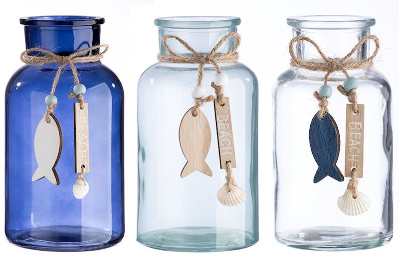 Verre vase plage  3 ass. avec pendentif coquillage t possoin
