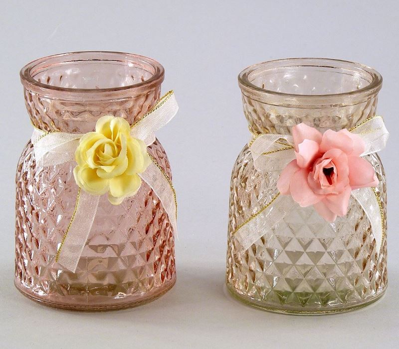 Vase en verre avec décor fleurs beige-rosé 10cm