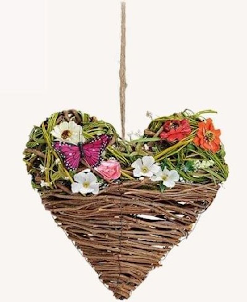 Coeur en bois avec papillon et fleurs, à suspendre 25x25x8cm