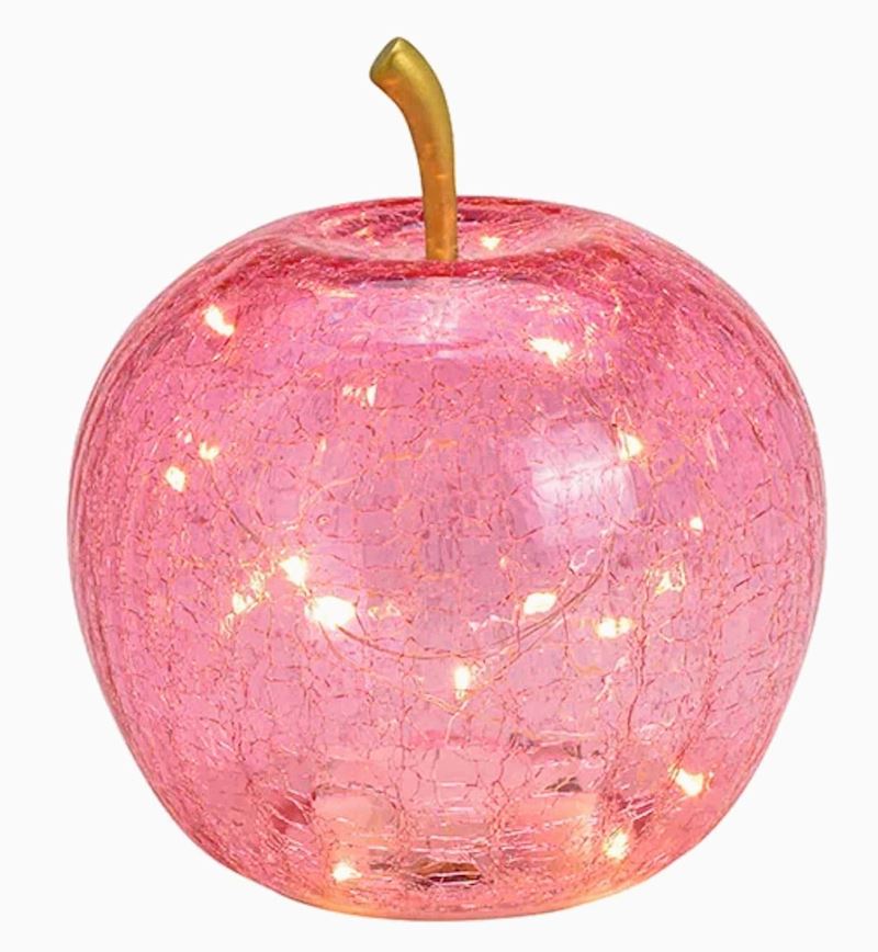 Pomme rose en verre avec 20 LED 16x17x16cm
