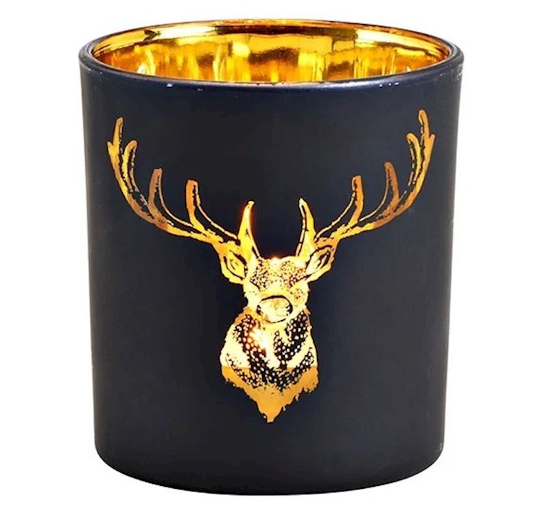Photophore décor cerf en verre noir-or 8x7 cm