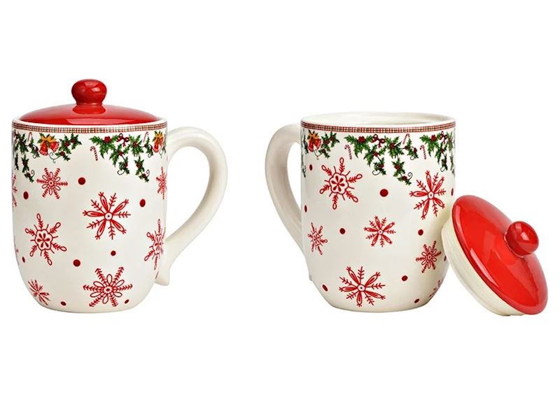 Gobelet d'hiver décor flocons de neige avec couvercle 18 cm